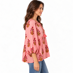 Blusa Casual de Algodón Puro con Estampado Artesanal Hindú, Cuello Redondo, Diseño Floral Bohemio, Ecológica y de Secado Rápido para Otoño/Verano - Product Image 3