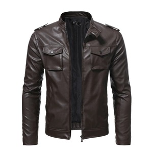 Veste en cuir à manches longues décontractée pour hommes d'affaires avec col à capuche, fermeture à glissière diagonale de couleur unie en tissu pour hommes - Product Image 2