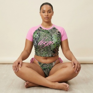 Women Plus Size Eco-Friendly Stretch Camo Letter Print Bikini Set Crop <b>Top</b> Tie Side Thongs Pink Accents Spandex Front/Waist - Product Image 5