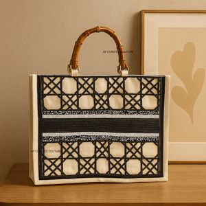 Sac fourre-tout en toile géométrique perlé fait main avec poignée en bambou, brodé noir de luxe, par Glitter Exports (vente en gros) - Product Image 1