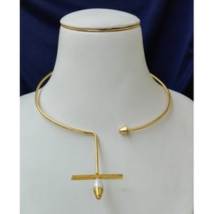 Gold-Plated Brass Freshwater Pearl <b>Statement</b> <b>Necklace</b> Unisex Geometric Design 22" Length Festival Jewelry - Product Image 2