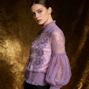 Chemisier Transparent en Dentelle Florale Lavande Premium 2026 avec Manches Bouffantes, Haut Élégant Brodé en Maille à Col Montant pour Soirée Cocktail - Product Image 3