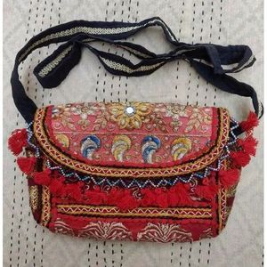 Bohemian <b>Embroidered</b> Handmade Suede <b>Clutch</b> <b>Bag</b> with Tassel Decoration and Tribal Pattern Small Size for Evening Use - Product Image 3