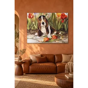Chiot de Basset Hound de Fida avec une fleur dans la bouche dans un jardin de tulipes, impression sur toile - Product Image 3