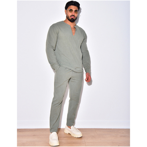 Conjuntos de 2 piezas de camisas y pantalones de manga larga para hombre, transpirable, cómodo, suave, 100% tela de algodón, chándales de verano para hombre - Product Image 6