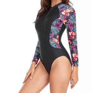Traje de baño de una pieza de manga larga para mujer con cremallera frontal Color Block Athletic Swimwear - Product Image 4