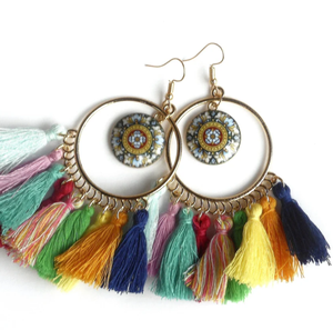 <b>Large</b> Colorful Multi Tassel <b>Hoop</b> Earrings Boho Jewelry Fringe Tassel Earrings - Gold - Long - Product Image 2