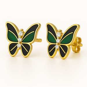 Boucles d'oreilles papillon à la mode de luxe en or massif 14 carats avec lunette en émail vert parfaitement conçues pour l'anniversaire de fête des femmes - Product Image 2