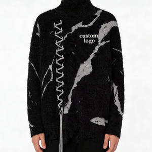 Suéter de <span class=keywords><strong>cuello</strong></span> simulado personalizado con bloques de color y jacquard, suéter casual negro de punto holgado, suéter con bajo sin rematar, suéter de moda urbana. - Product Image 5