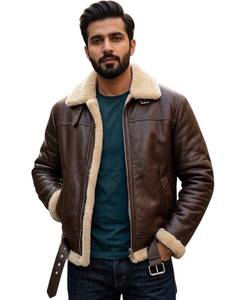Brown Genuine Leather Plain Windproof Logo Men's Zip-Up Bomber <b>Jacket</b> <b>with</b> Polyester <b>Lining</b> Winter Casual Outerwear - Product Image 1