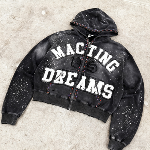 Sudadera con Capucha Personalizada, Chaqueta con Cremallera, Pedrería Brillante, Bordado Desteñido al Sol, Estilo Vintage Desgastado, Lavado Ácido, Diamantes de Imitación - Product Image 5