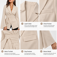 Blazer pour femme cintré à la taille, manches longues, revers cranté, ceinture à nouer, poignets évasés, poches à rabat, idéal pour le bureau et les soirées, OEM ODM