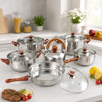 Ensemble de 12 ustensiles de cuisine en acier inoxydable, casseroles et poêles avec couvercles en verre et poignées imitation bois pour cuisinière à induction