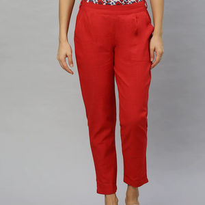 Pantalon décontracté confortable pour femmes, coupe régulière, en coton rouge slub, tissu doux et respirant pour le travail quotidien, les voyages - Product Image 1