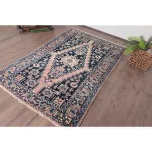 Alfombra Turca Vintage de Lana Azul, 4.3x6.2 pies - Product Image 2