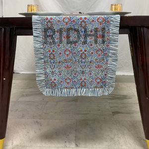 Chemin de table luxueux en coton 100% bleu airforce à motifs floraux indiens, personnalisable, à volants, imprimé à la main, pour salle à manger, hôtel, événements de mariage - Product Image 4