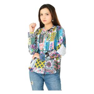 Hecho a mano Boho hippie pintuck tops ropa de verano camisas formales algodón bloque estampado Mujer blusa manga completa - Product Image 1