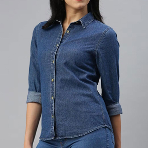 Chemise boutonnée en jean à carreaux décontractée pour femme, couture soignée, ourlet arrondi, respirante, évacuant l'humidité, tissu écologique, confort hivernal - Product Image 2