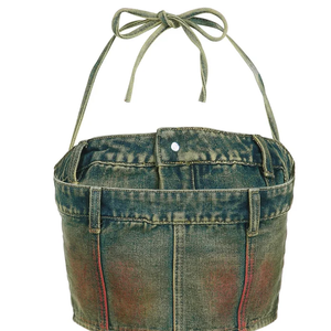 Ensemble 2 pièces tendance vintage en jean, crop top et jupe, décontracté, sexy, mignon, sans bretelles, avec strass, imprimé délavé, coupe skinny, style Y2K pour l'été - Product Image 6