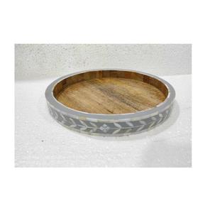 Bandeja de Servir Redonda Ecológica Hecha a Mano con Incrustaciones de Nácar y Madera con Plato Decorativo para Alimentos - Product Image 1