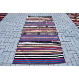 Turkish Vintage Kilim Rug 3.9x7.4 ft, <b>Red</b> Area Bordered <b>Wool</b> Rug - Product Image 1