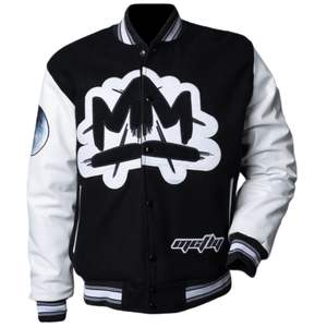 Chaqueta Universitaria Negra para Hombre con Mangas en Contraste, Parche de Chenilla en el Pecho, Cierre de Botones, Cuello Acanalado, Ropa Exterior Informal - Product Image 1