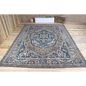 Tapis vintage 10x13,3 pieds, tapis turc surdimensionné, tapis géométrique marron bleu - Product Image 1