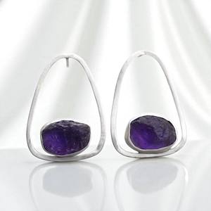Améthyste brute pierres précieuses en argent Sterling boucles d'oreilles goutte concepteur personnalisé femmes boucles d'oreilles pierre de naissance bijoux en gros - Product Image 1