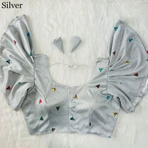 Blusa Sari India elegante de alta calidad Hermosas mangas de mariposa con brillo para ropa festiva informal para fiestas Hechas de seda - Product Image 4