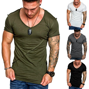 Summer New Men Sexy V Neck T Shirts Male Solid Short Sleeve Slim Fit White T Shirt Tops High Street Fitness T-shirt pour hommes - Product Image 4
