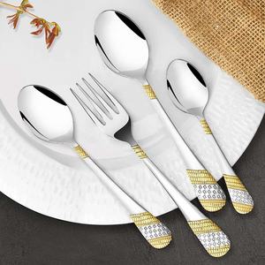 Modern Stainless Steel Spoon Fork Knife Restaurant Dinner Silverware Matte <b>Gold</b> Embossed Design Handle Cutlery Set - Product Image 1