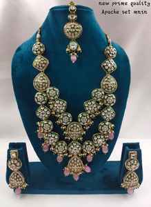 Dos capas último Kundan & Drop indio elegante tradicional tono dorado Kundan perla medio collar pendiente conjunto con Mangtikka mujeres - Product Image 2