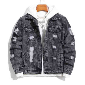 Veste en jean bleue vintage coupe ample personnalisée pour hommes avec col montant et techniques lavées Veste à manches longues pour hommes pour le printemps - Product Image 1