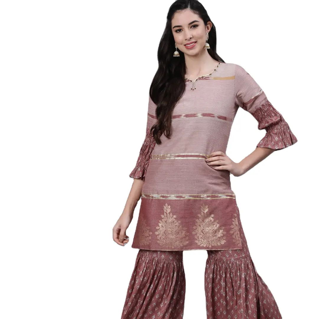 2023 new arrivals Mauve Printed Kurta with Sharara Casual Two Piece Set Clothing Woman 100% Cotton Pattern Regular