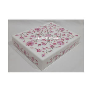Rectangular Shape White Marble Pink <b>Mother</b> <b>Of</b> <b>Pearl</b> Inlay <b>Jewellery</b> Boxes Handmade Flower Design Used For Home Decor And Gifting - Product Image 2