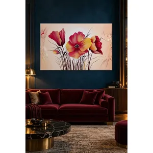 Impression sur toile de coquelicots rouges et jaunes sur fond rose de Fida - Product Image 2