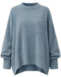 Suéter de Punto Extra Grande para Mujer, Color Azul Polvoriento, Hombros Caídos, Cuello Redondo, Estilo con Bolsillo, Suave, Informal, para Invierno - Product Image 1