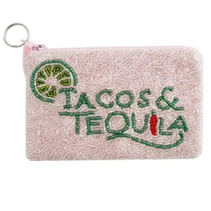 Mini bolso con cremallera bordado TACOS & TEQUILA con cuentas blancas y verdes hecho a mano a la moda elegante y diseño único de la India - Product Image 1