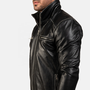 Chaqueta de cuero de moto negra brillante para hombre personalizada con cremallera de trabajo de parche mejor chaqueta de cuero de moto - Product Image 3