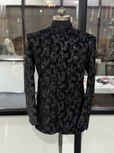 Men's <b>Black</b> Sherwani With <b>Feather</b> Pattern Regular Fit Traditional Wedding Attire India Pakistan Style - Product Image 1