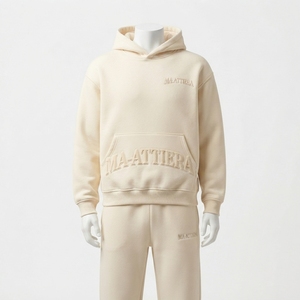 Ensemble de survêtement en molleton crème pour femme, sweat-shirt à capuche et pantalon de jogging, broderie ton sur ton, vêtements décontractés, vêtements de sport - Product Image 3