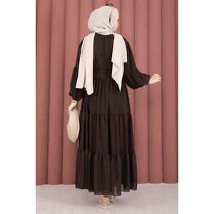 Vestido de Gasa Marrón con Corte en A, Estilo Modesto, Cintura Imperio y Detalle Fruncido - Product Image 6