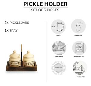 Art Of Warli Juego de tarros de chutney y pepinillos de cerámica multiusos con bandeja de madera Juego no hermético de 2 ollas de condimentos de cerámica - Product Image 4