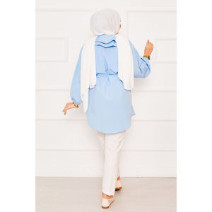 Double Collar Drawstring Waist Modest <b>Tops</b> Baby Blue Hijab Shirt - Product Image 4