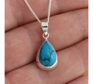 Collier pendentif larme turquoise bleue en argent sterling 925 avec chaîne gourmette pendentif solide reconstruit cadeau turquoise bleu - Product Image 2