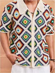 Camisas de punto a rayas Camisa de manga corta con botones 100% Acrílico botón abajo manga corta cuello ahueca hacia fuera la camiseta - Product Image 5