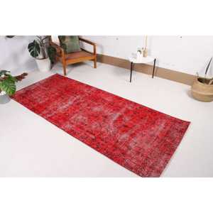 Tapis turc vintage 3,2x8 pieds, tapis en laine rouge et noir à motifs floraux - Product Image 2