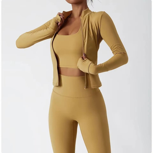 Women Solid Color Long Sleeve <b>Mock</b> <b>Neck</b> Zipper Crop <b>Top</b> Seamless Yoga <b>Top</b> Full Sleeve Skinny Fit Sportwear Women Fitness Jacket - Product Image 3