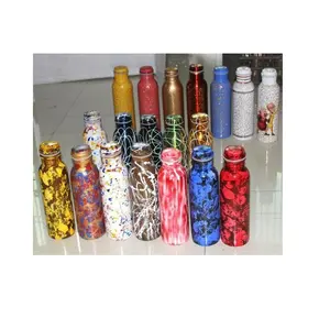 Pure Copper Water Bottle with printed Health Benefits and Leak Proof Lid Made in India handicraft with sale