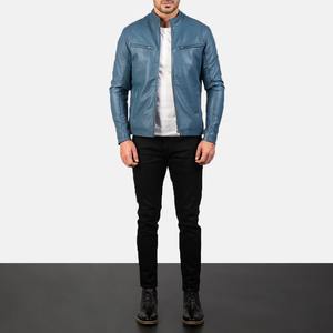 Veste de moto formelle en cuir véritable bleu pour homme, style café racer, col montant, respirante, écologique - Product Image 5